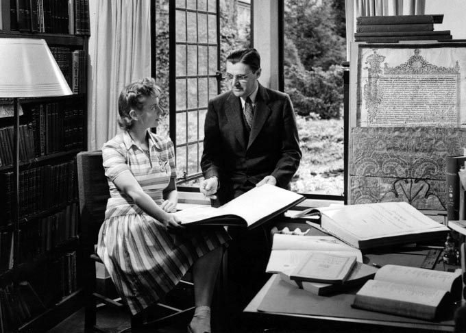 Strelsky and a student inspect rare Slavic documents in the Library